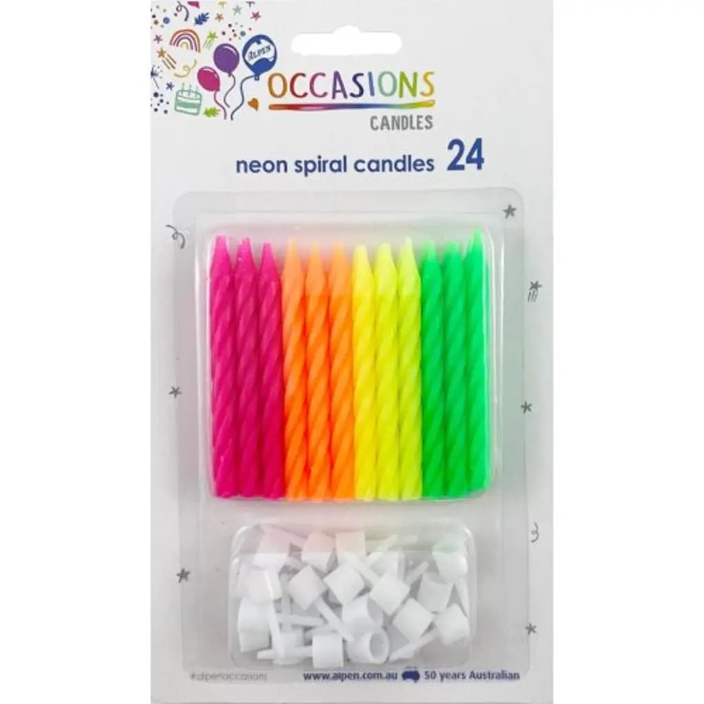 Alpen Occasions Birthday Candles Neon With Holders Assorted Colours 24Pk 431125