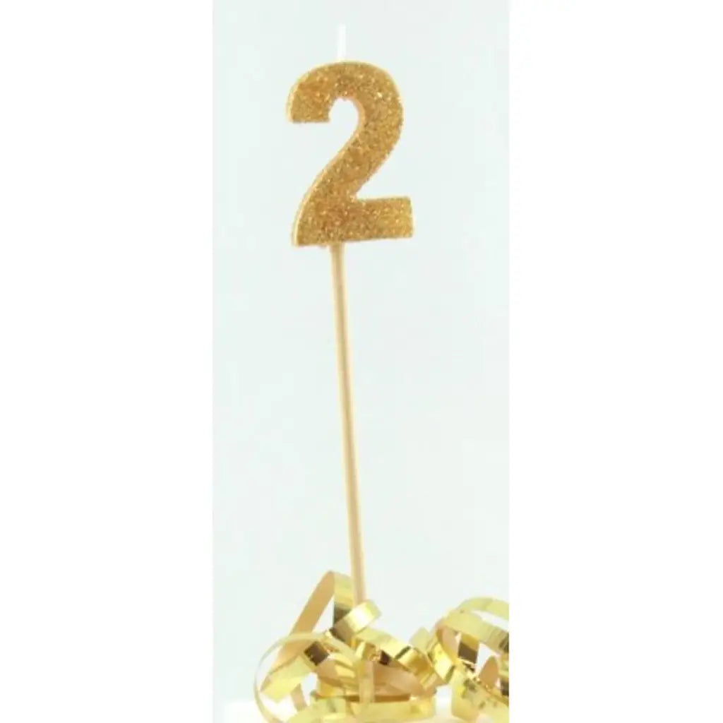 Alpen Occasions Birthday Candles Number 2 Long Stick Glitter Gold 447802