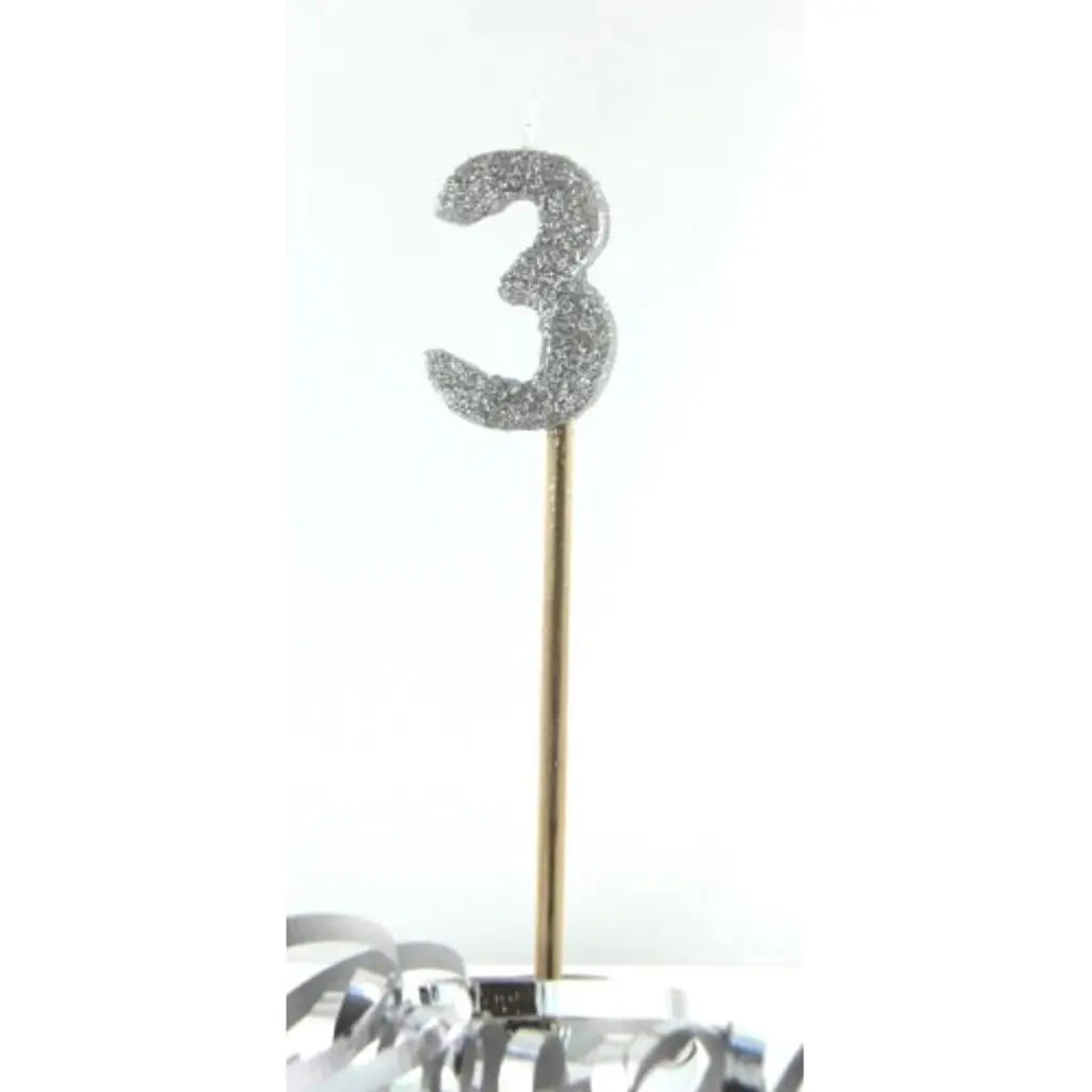 Alpen Occasions Birthday Candles Number 3 Long Stick Glitter Silver 447903