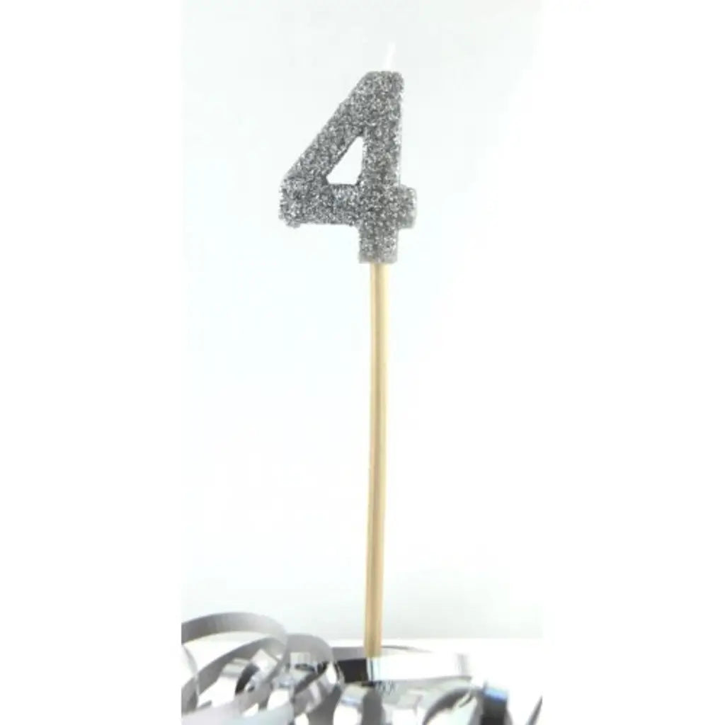 Alpen Occasions Birthday Candles Number 4 Long Stick Glitter Silver 447904