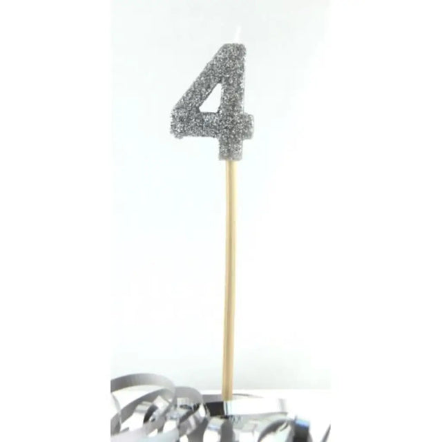 Alpen Occasions Birthday Candles Number 4 Long Stick Glitter Silver 447904