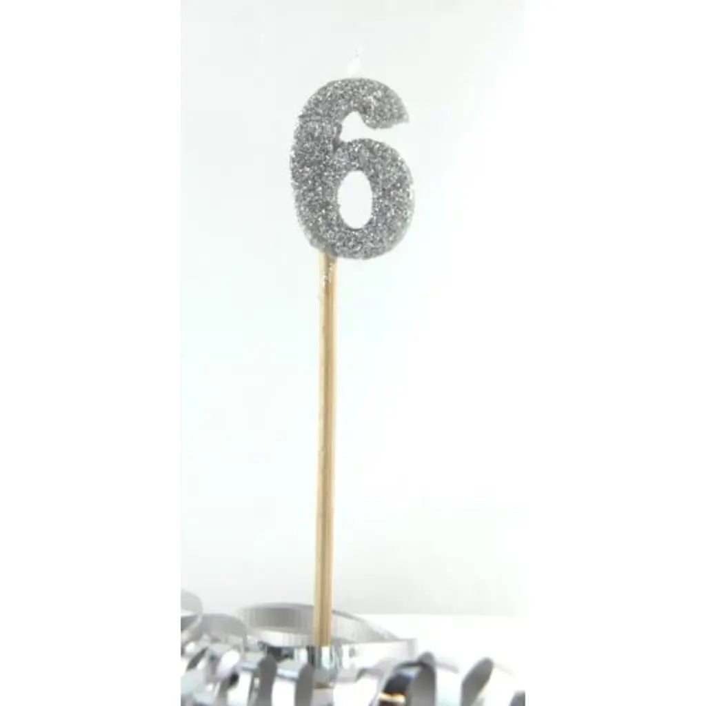Alpen Occasions Birthday Candles Number 6 Long Stick Glitter Silver 447906