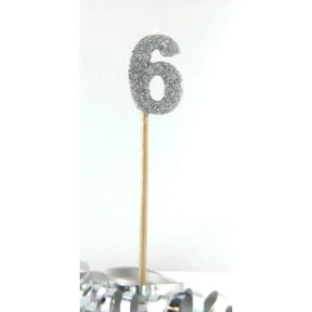 Alpen Occasions Birthday Candles Number 6 Long Stick Glitter Silver 447906
