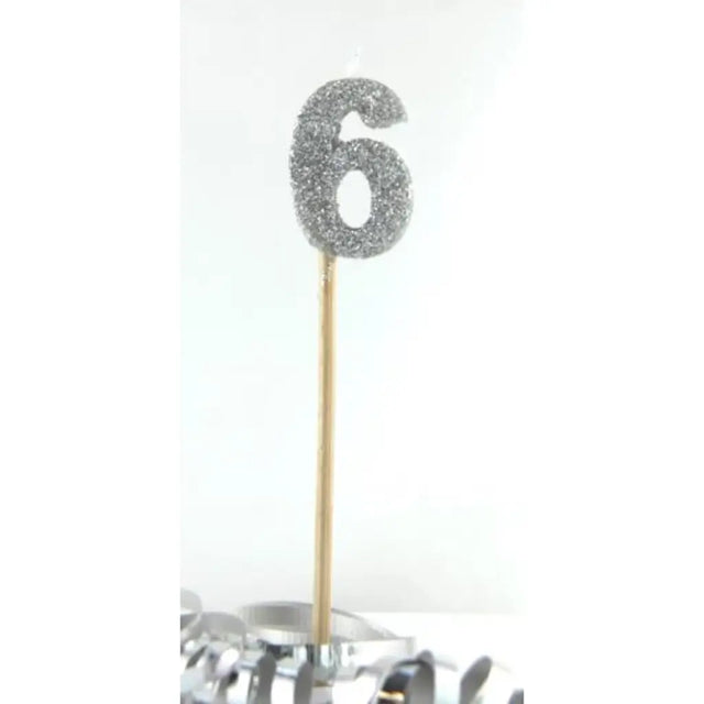 Alpen Occasions Birthday Candles Number 6 Long Stick Glitter Silver 447906