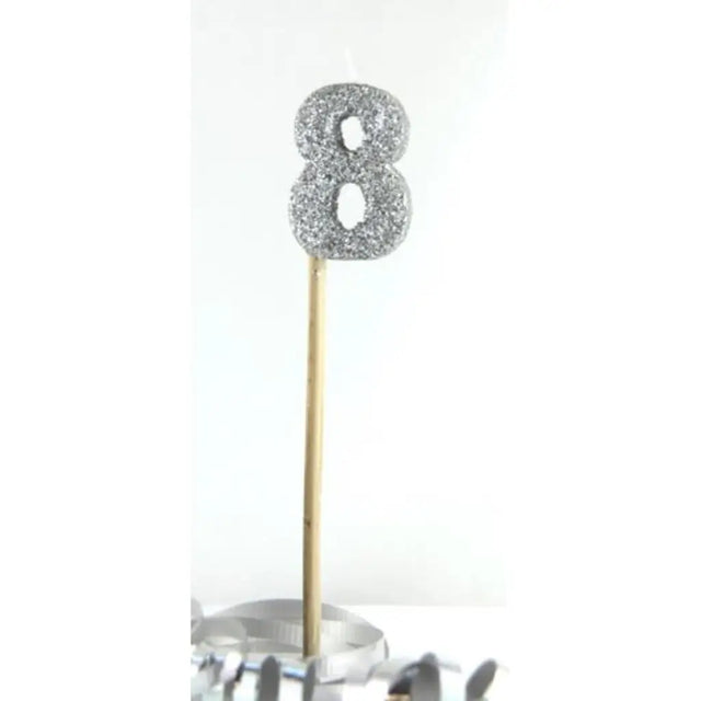 Alpen Occasions Birthday Candles Number 8 Long Stick Glitter Silver 447908