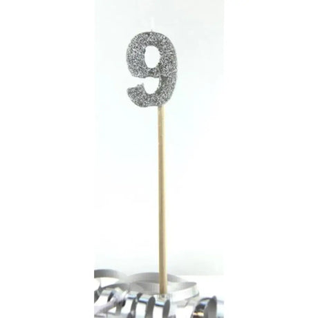 Alpen Occasions Birthday Candles Number 9 Long Stick Glitter Silver 447909