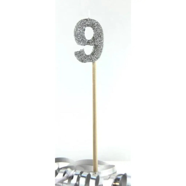 Alpen Occasions Birthday Candles Number 9 Long Stick Glitter Silver 447909