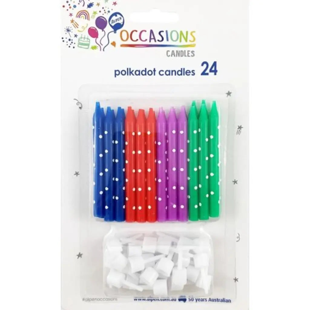 Alpen Occasions Birthday Candles Polka Dot With Holders Assorted Colours 24Pk 431124
