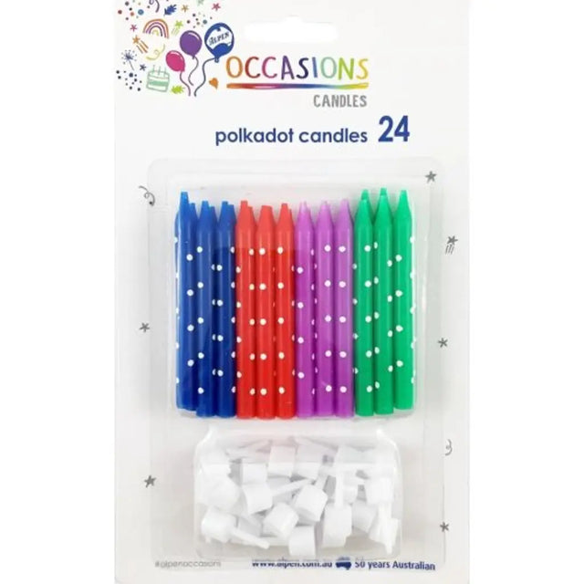 Alpen Occasions Birthday Candles Polka Dot With Holders Assorted Colours 24Pk 431124