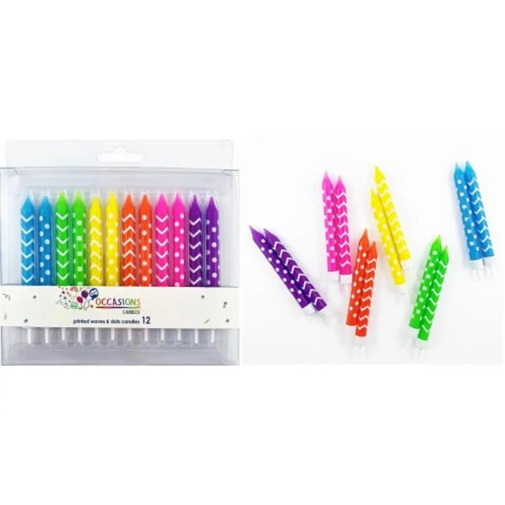 Alpen Occasions Birthday Candles Waves And Dots Set With Holders Assorted Colours 12Pk 431178