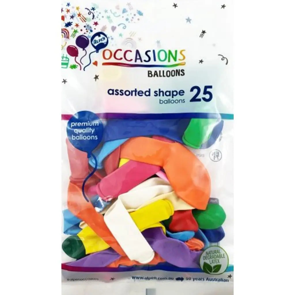 Alpen Occasions Latex Balloon Assorted Shapes 25Pk 203273