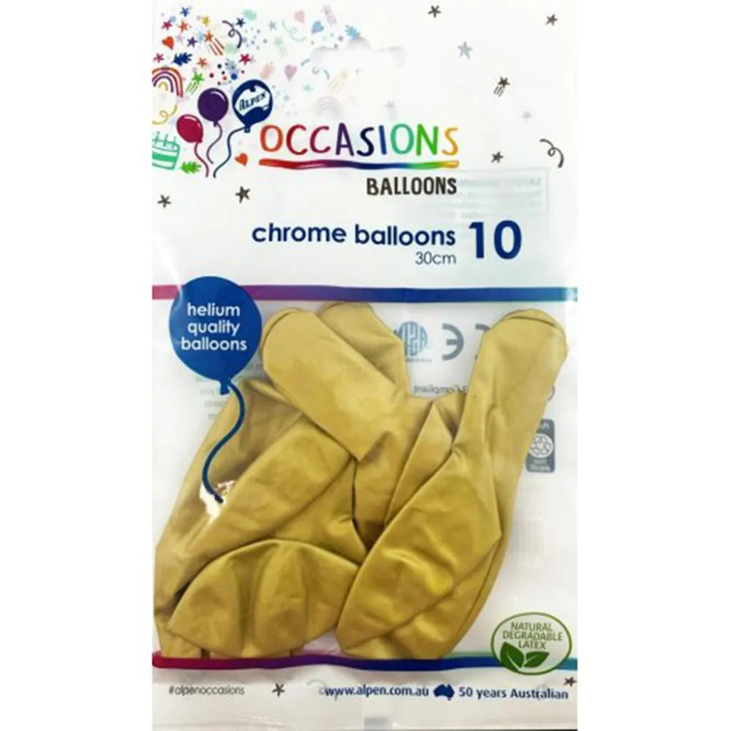 Alpen Occasions Latex Balloon Chrome Gold 30cm 10Pk 203171 02