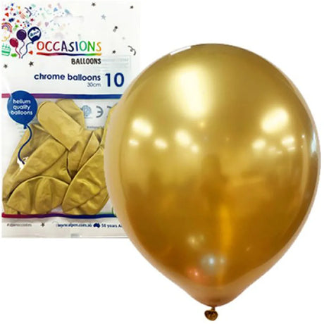 Alpen Occasions Latex Balloon Chrome Gold 30cm 10Pk 203171 03