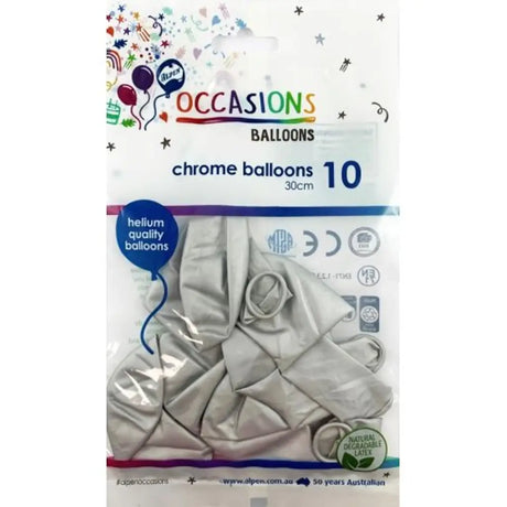 Alpen Occasions Latex Balloon Chrome Silver 30cm 10Pk 203172