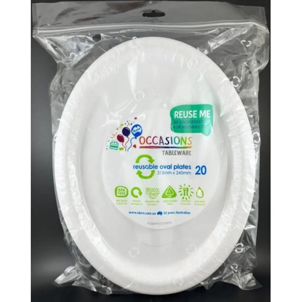 Alpen Occasions Reusable Oval Plates White 315x245mm 20Pk 383101
