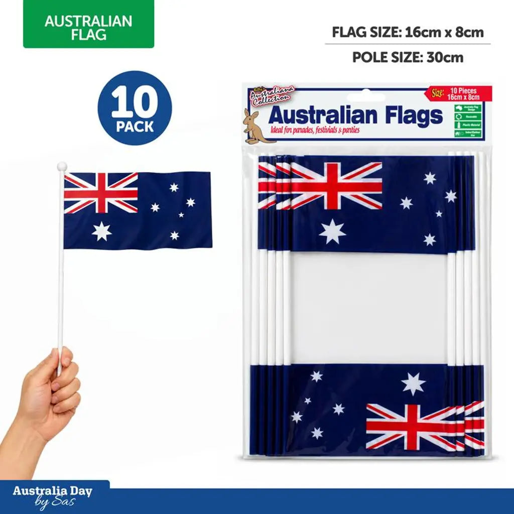 Australian Flags 16x8cm 10Pk Pole Size 0.5x30cm 73306