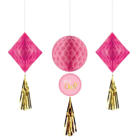 Baby Shower Girl Honeycomb Hanging Decorations 3Pk 290112