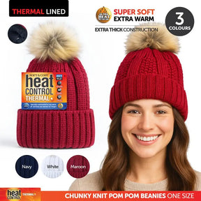 Beanie Women Heat Control Thermal Lined Pom Pom Assorted Colours 211043