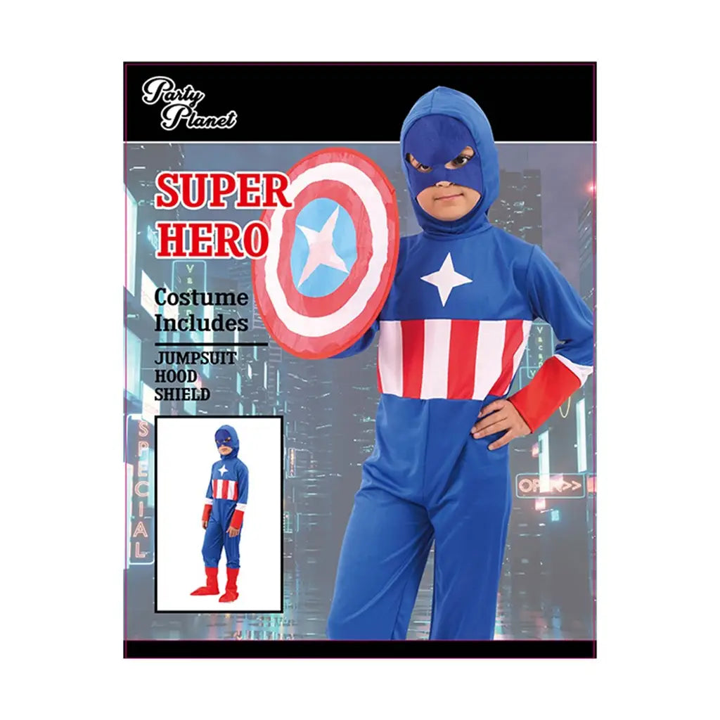 Boy Captain America Costume Including Jumpsuit, Hood, Shield PP78304