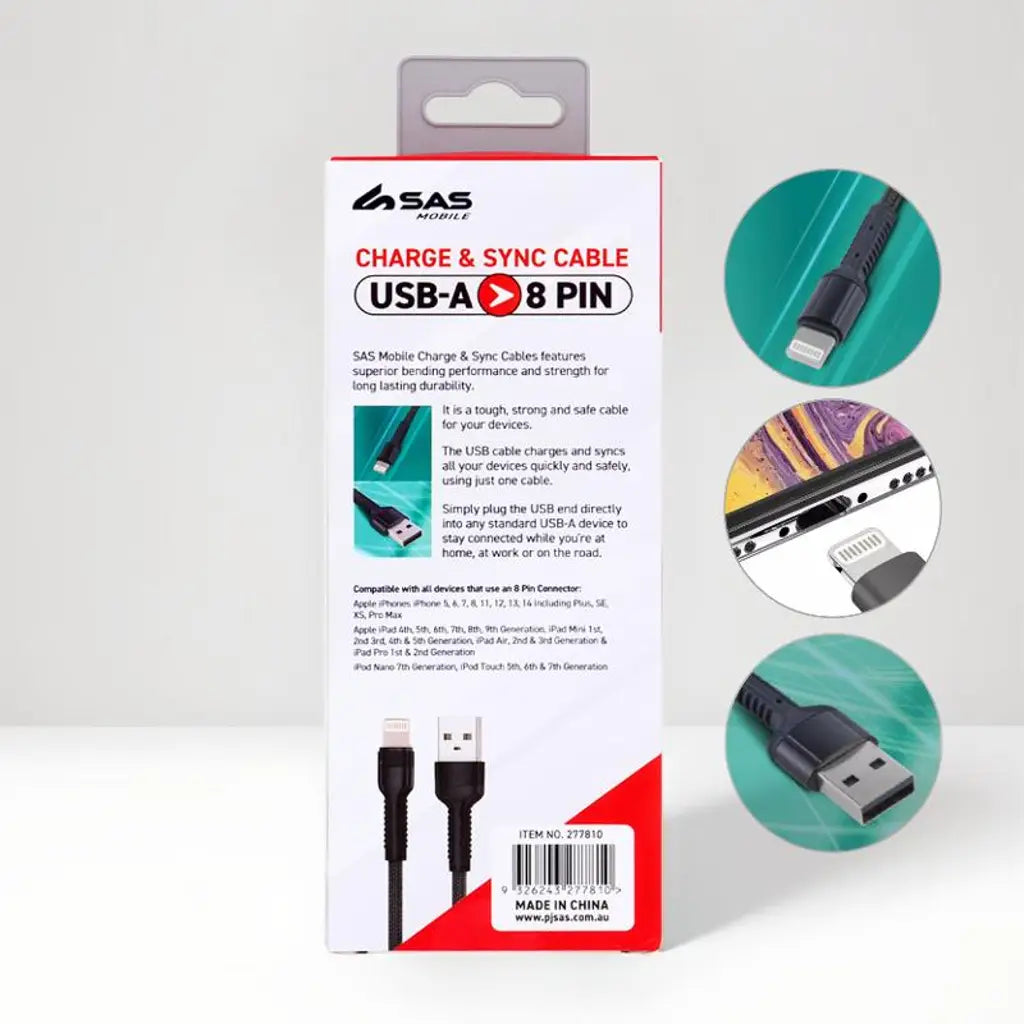 Charge & Sync Usb A To 8 Pin Polyester Cable Suitable For Iphone Devices Grey & Black 2m 277810