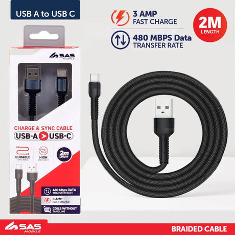 Charge & Sync Usb A To Type C Polyester Cable Grey & Black Assorted 2m 277827