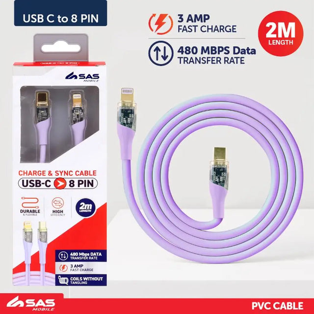 Charge & Sync Usb C To 8 Pin Pvc Cable - Suitable For Iphone Devices Blue & Purple  2m 277919