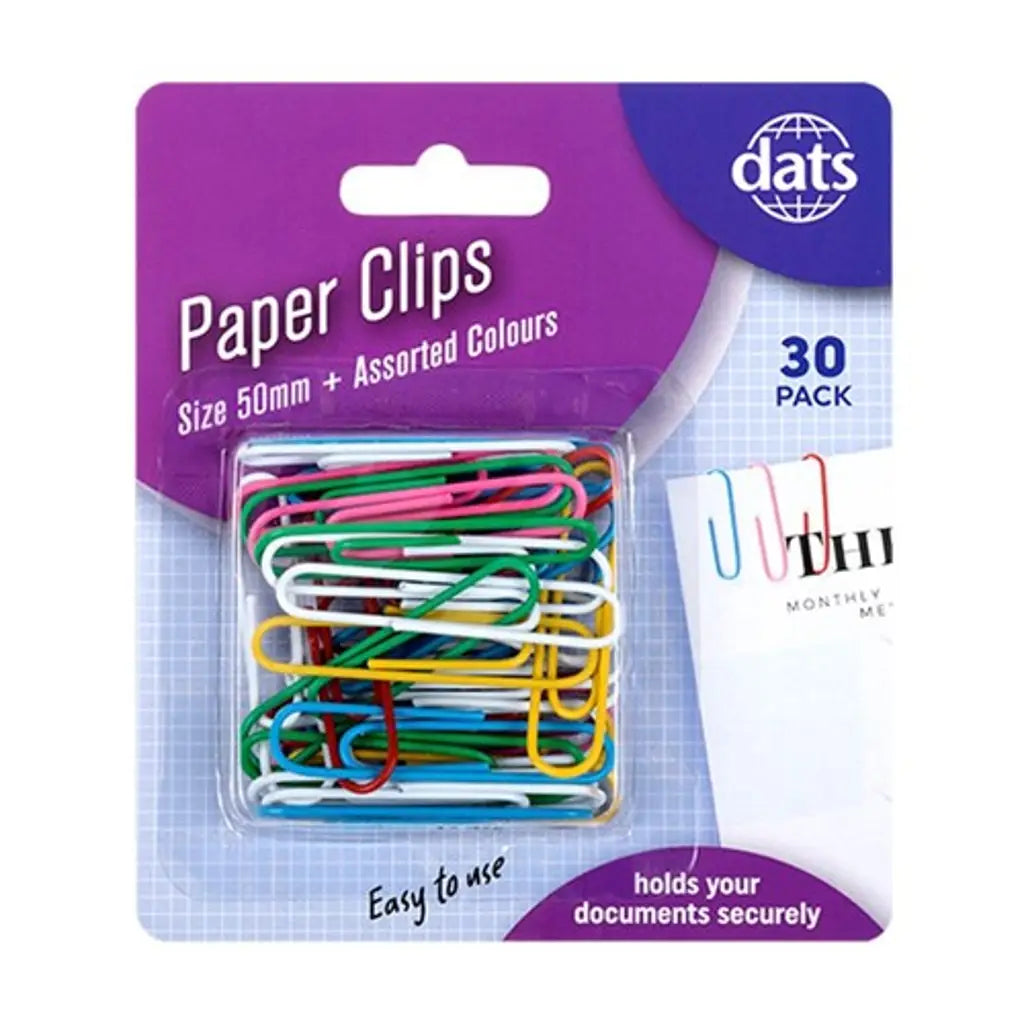 Dats Clip Paper Mixed Colours Pvc Coating 50mm 30Pk 60101