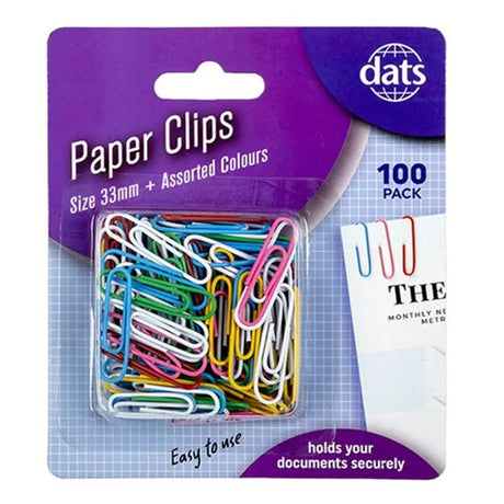 Dats Clip Paper Mixed Cols Pvc Coating 33mm 100Pk 50582