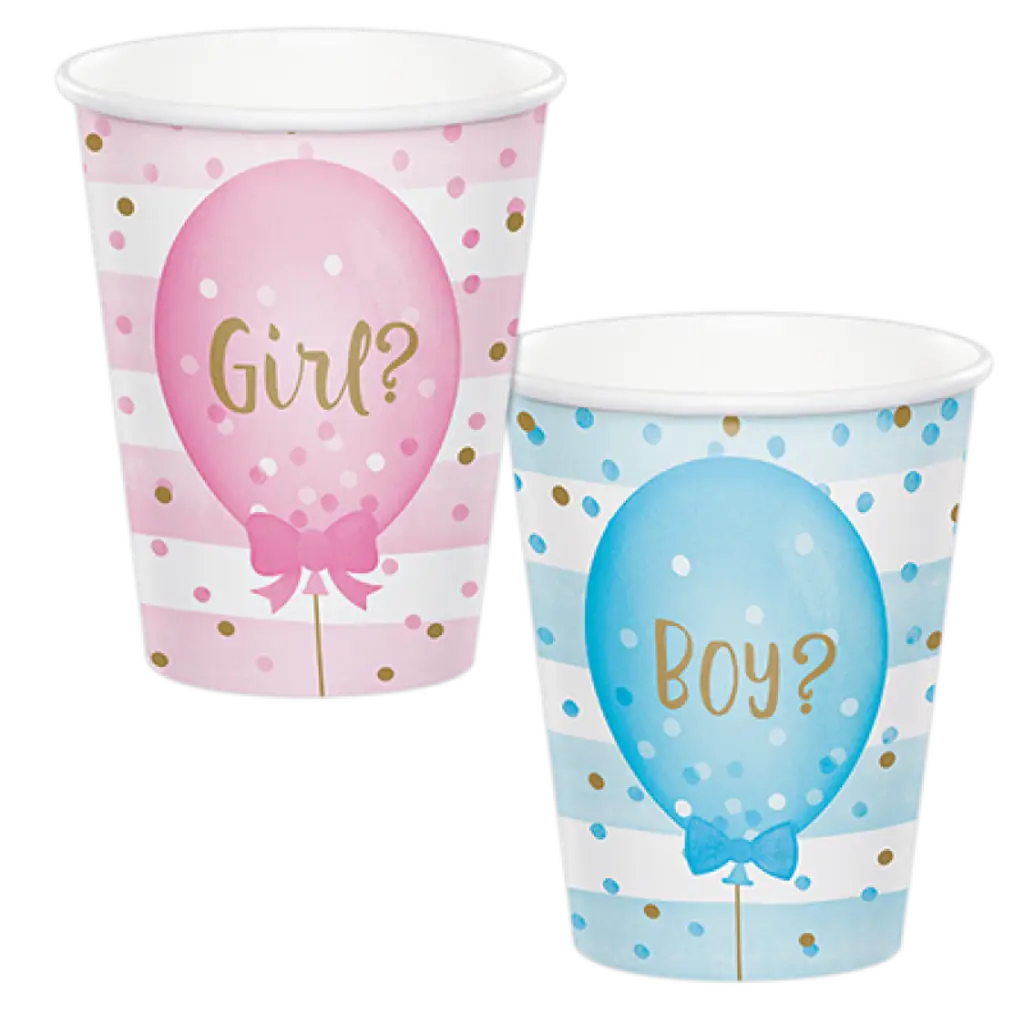 Gender Reveal Balloons Paper Cups 2-Sided Design 266ml 8Pk CC336068