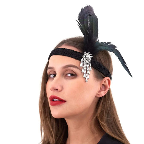 Golden 20s Black Feather Jewelled Flapper Headband PP12114-F
