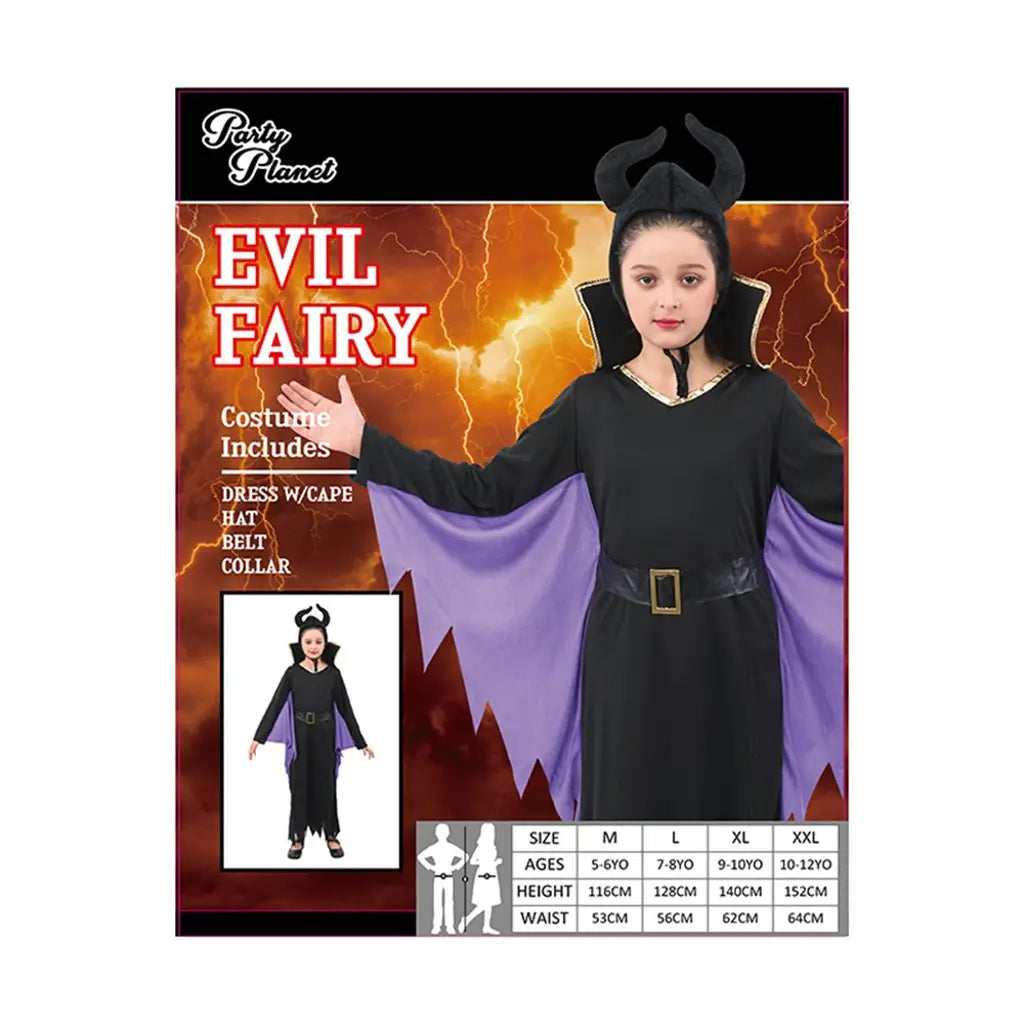 Halloween Girl Evil Fairy Costume Dress W/Cape, Hat, Belt, Collar 2 Asst Sizes Lrg & Xlg HW73859