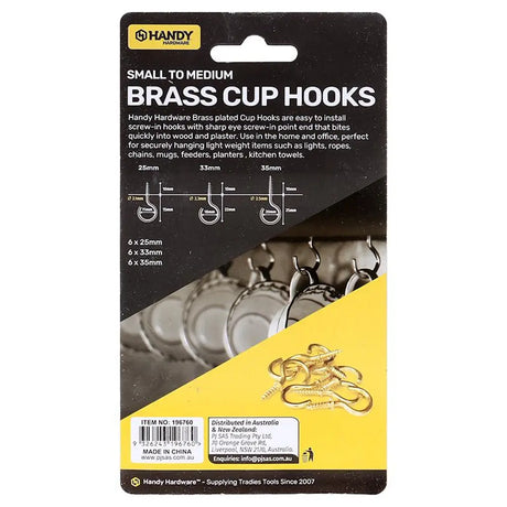 Handy Hardware Brass Cup Hooks 18Pcs 196760