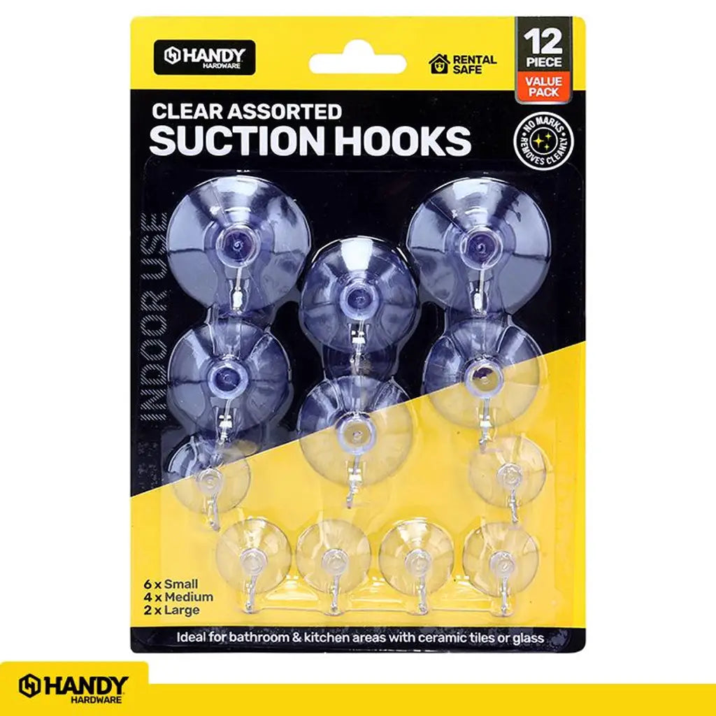 Handy Hardware Clear Assorted Suction Hooks 12Pk 218134