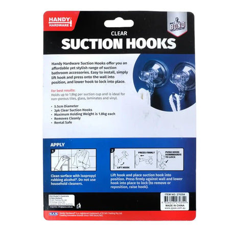 Handy Hardware Clear Suction Hooks Set 5.5cm 3Pk 270354