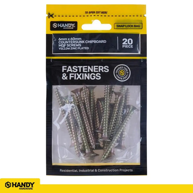 Handy Hardware Countersunk Chipboard Screw Zinc Plated 6x60mm 20Pcs 225378