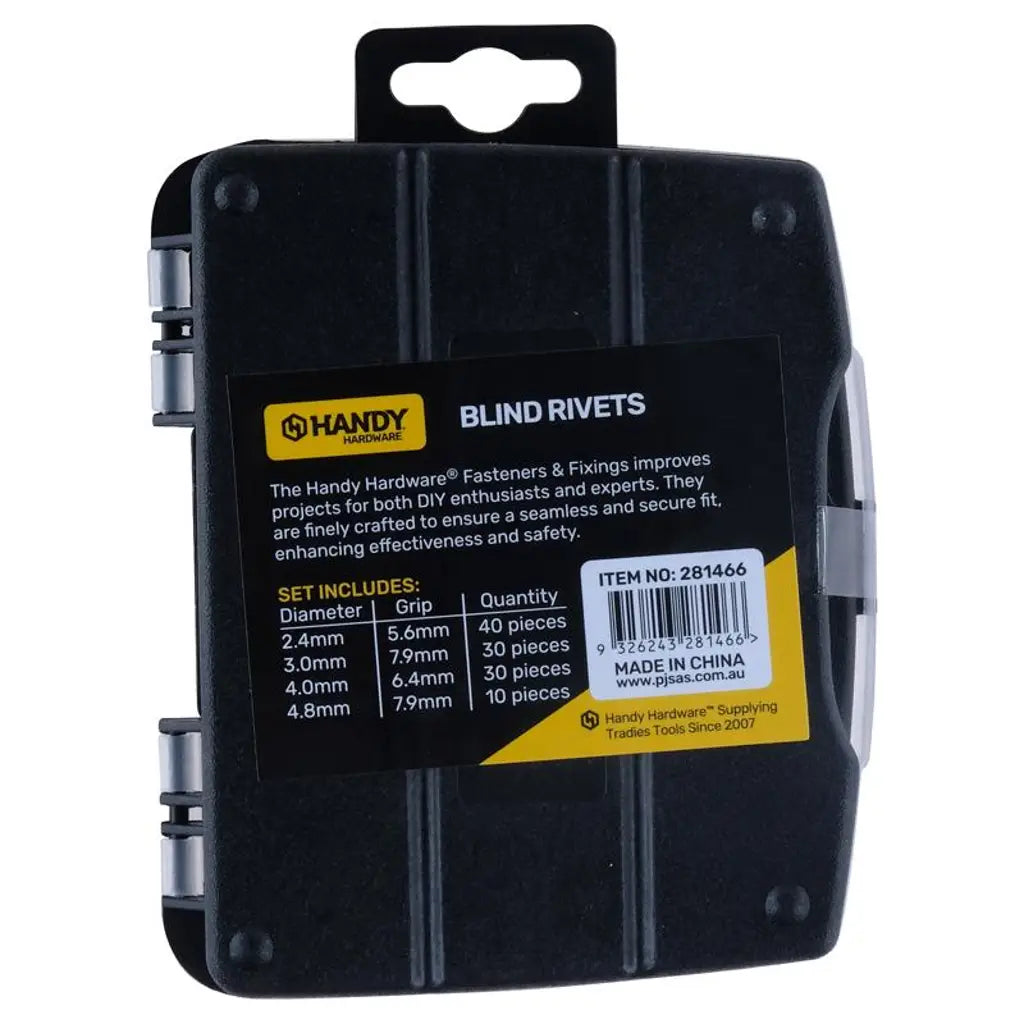 Handy Hardware Fasteners Fixings in Storage Case Blind Rivets Assorted Sizes 110Pcs 281466