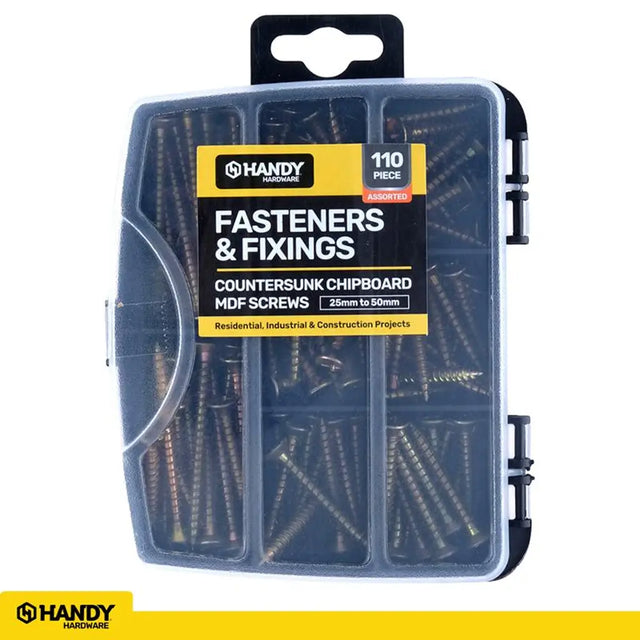 Handy Hardware Fasteners Fixings in Storage Case Countersunk Chipboard MDF Screws Assorted Sizes 110Pcs 281398