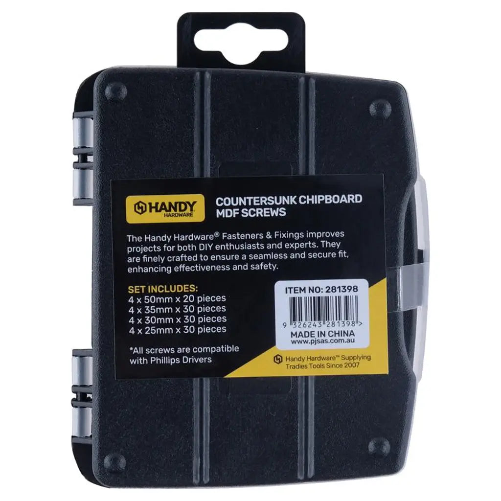 Handy Hardware Fasteners Fixings in Storage Case Countersunk Chipboard MDF Screws Assorted Sizes 110Pcs 281398