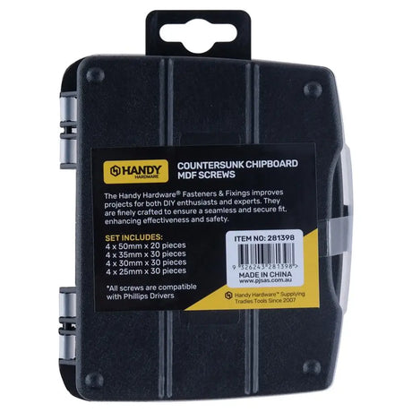 Handy Hardware Fasteners Fixings in Storage Case Countersunk Chipboard MDF Screws Assorted Sizes 110Pcs 281398