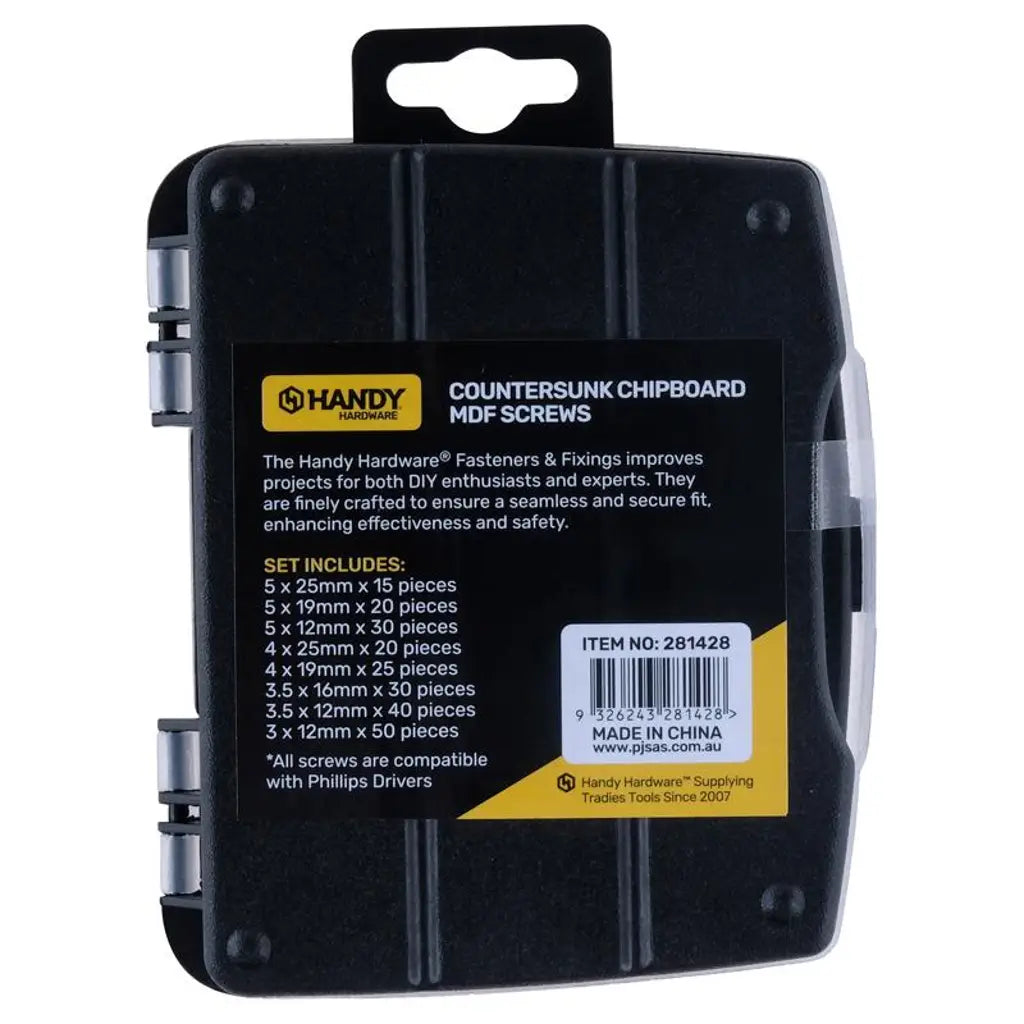Handy Hardware Fasteners Fixings in Storage Case Countersunk Chipboard MDF Screws Assorted Sizes 230Pcs 281428