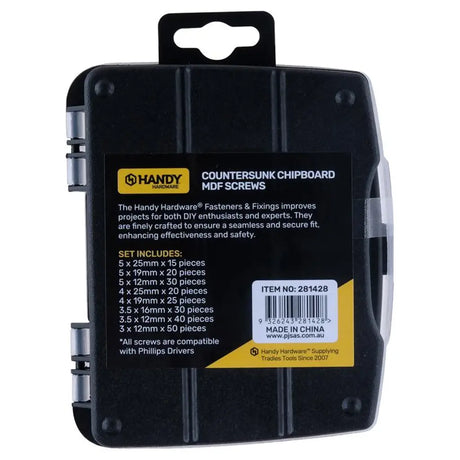 Handy Hardware Fasteners Fixings in Storage Case Countersunk Chipboard MDF Screws Assorted Sizes 230Pcs 281428