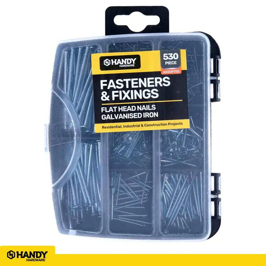 Handy Hardware Fasteners Fixings in Storage Case Flat Head Nails Galvanised Iron Assorted Sizes 530Pcs 281459