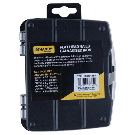 Handy Hardware Fasteners Fixings in Storage Case Flat Head Nails Galvanised Iron Assorted Sizes 530Pcs 281459