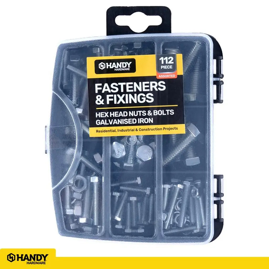Handy Hardware Fasteners Fixings in Storage Case Hex Head Nuts Bolts Galvanised Iron Assorted Sizes 112Pcs 281404