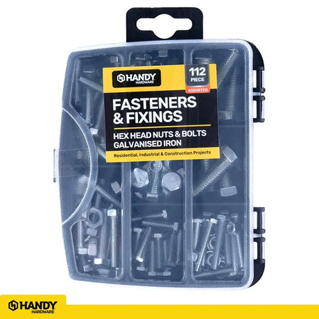 Handy Hardware Fasteners Fixings in Storage Case Hex Head Nuts Bolts Galvanised Iron Assorted Sizes 112Pcs 281404