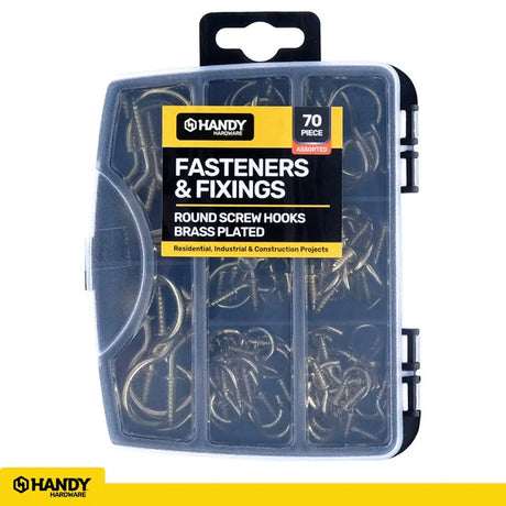 Handy Hardware Fasteners Fixings in Storage Case Round Screw Hooks Brass Plated Assorted Sizes 70Pcs 281350