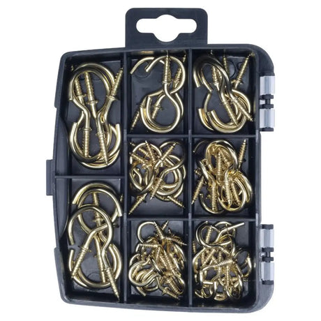 Handy Hardware Fasteners Fixings in Storage Case Round Screw Hooks Brass Plated Assorted Sizes 70Pcs 281350