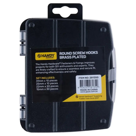 Handy Hardware Fasteners Fixings in Storage Case Round Screw Hooks Brass Plated Assorted Sizes 70Pcs 281350