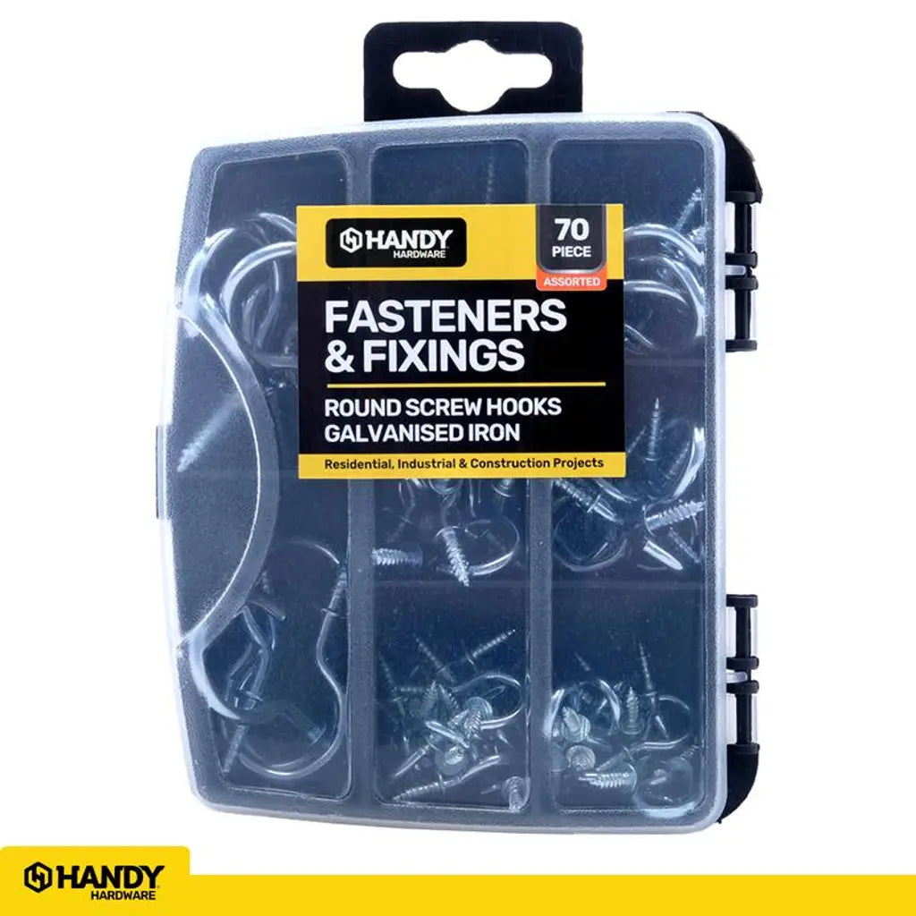 Handy Hardware Fasteners Fixings in Storage Case Round Screw Hooks Galvanised Iron Assorted Sizes 70Pcs 281367