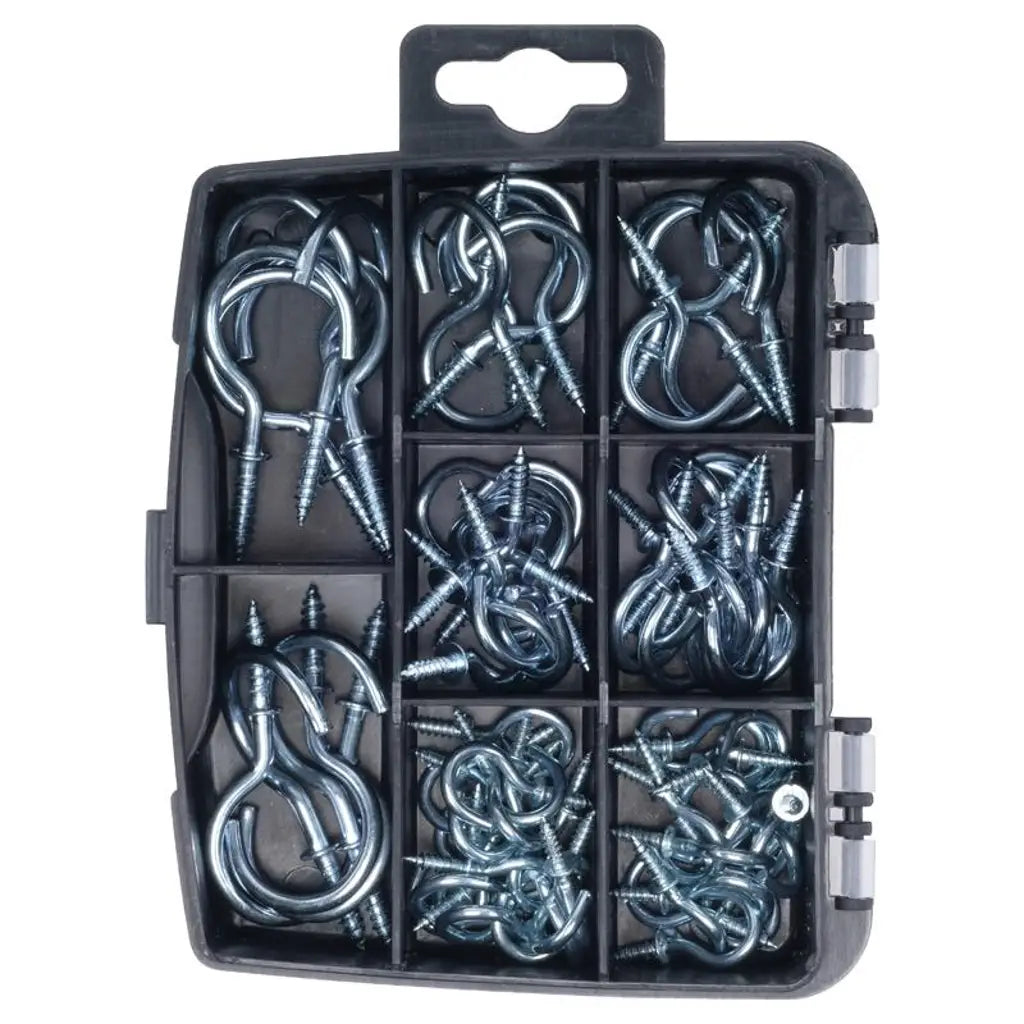 Handy Hardware Fasteners Fixings in Storage Case Round Screw Hooks Galvanised Iron Assorted Sizes 70Pcs 281367